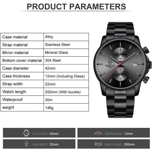 Men Watches with Stainless Steel Waterproof Chronograph Quartz Watch for Men - Picture 4 of 7